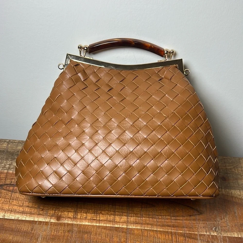 Valentina Fiore Brown Woven Leather Shoulder Bag with Curved Handle, No Strap - Picture 4 of 9